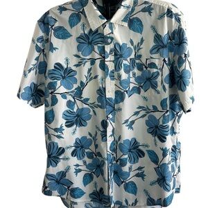 Amazon Essentials Blue Hibiscus Floral Short Sleeve Button-Up Shirt | Men’s XXL